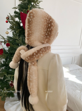 原创小鹿斑比帽子围巾一体连帽围脖女冬季软乎保暖巴拉克拉法帽子