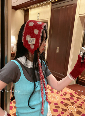 时髦复古红色波点绑带耳罩女秋冬可爱百搭护耳两面可戴保暖耳包潮