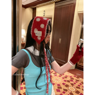 时髦复古红色波点绑带耳罩女秋冬可爱百搭护耳两面可戴保暖耳包潮