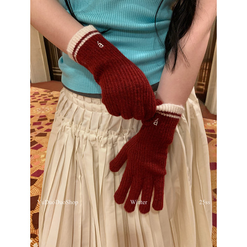 韩国出口复古波尔多红针织手套女