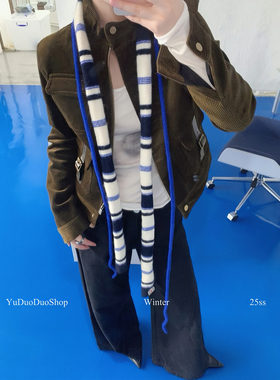 2025小众设计感条纹拼色腊肠围巾女秋冬时髦复古细窄长条针织围脖