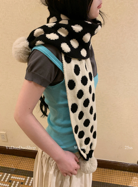 复古黑白波点糯糯手感毛球围巾女秋冬季保暖可爱百搭针织护颈围脖