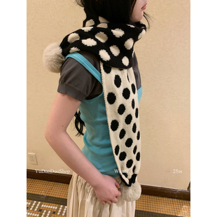 复古黑白波点糯糯手感毛球围巾女秋冬季保暖可爱百搭针织护颈围脖