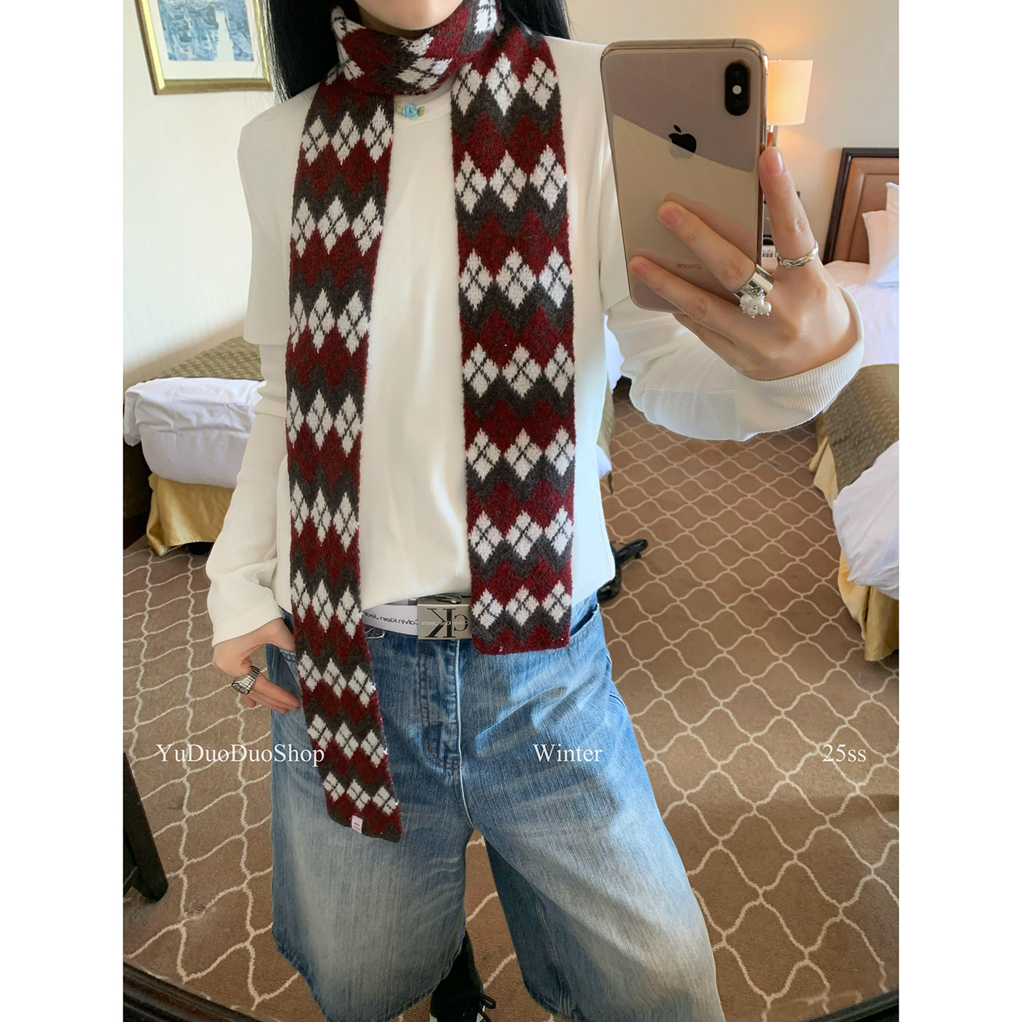 费尔岛复古格纹撞色提花细窄围巾