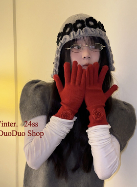 复古风圣诞新年红色手工玫瑰花针织手套女韩版秋冬保暖五指可触屏