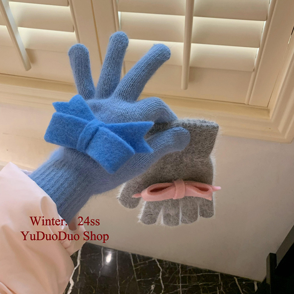 棉花糖~淡蓝色蝴蝶结针织手套女