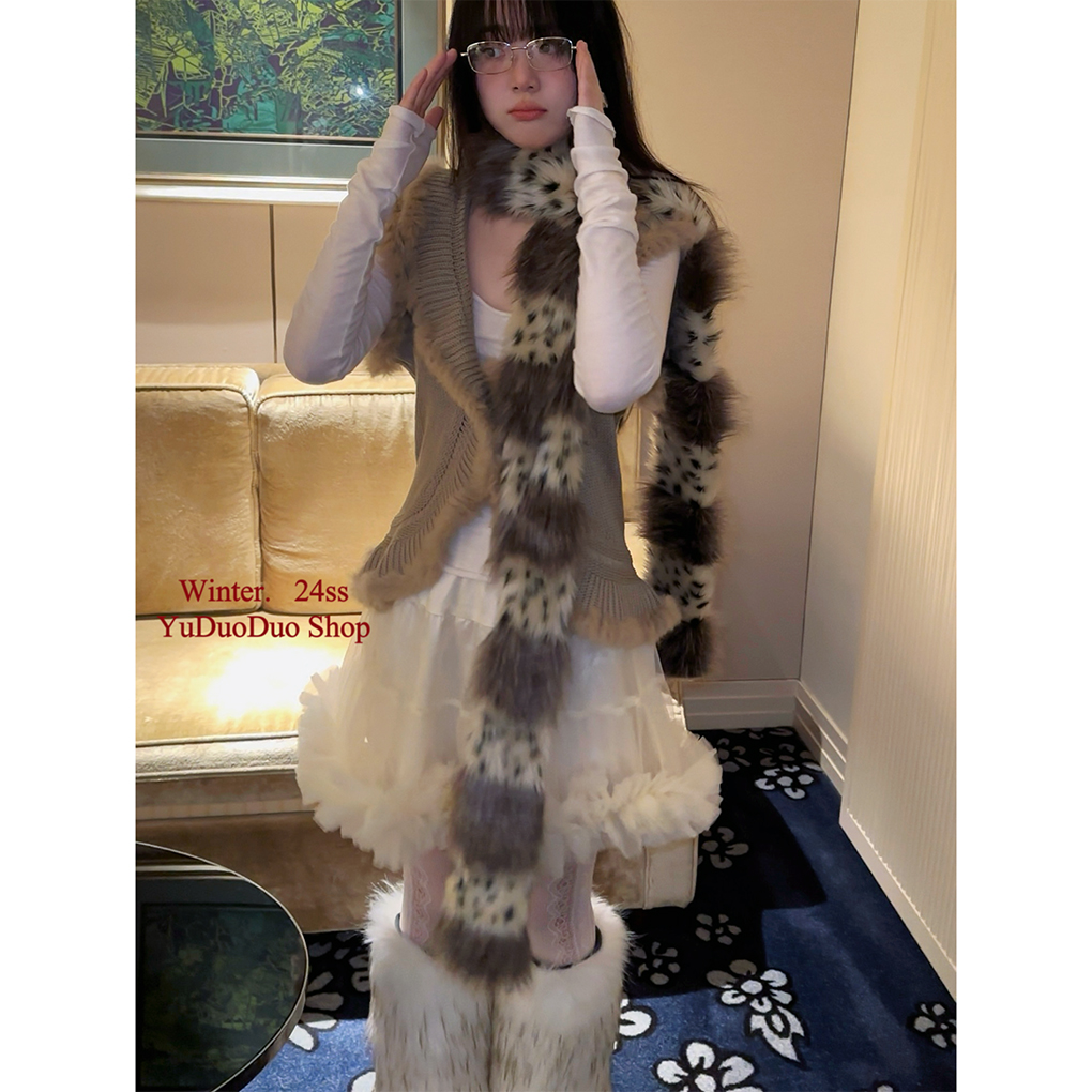 复古拼接仿皮草豹纹长款细围巾千禧辣妹冬季时髦搭配窄版毛毛围脖