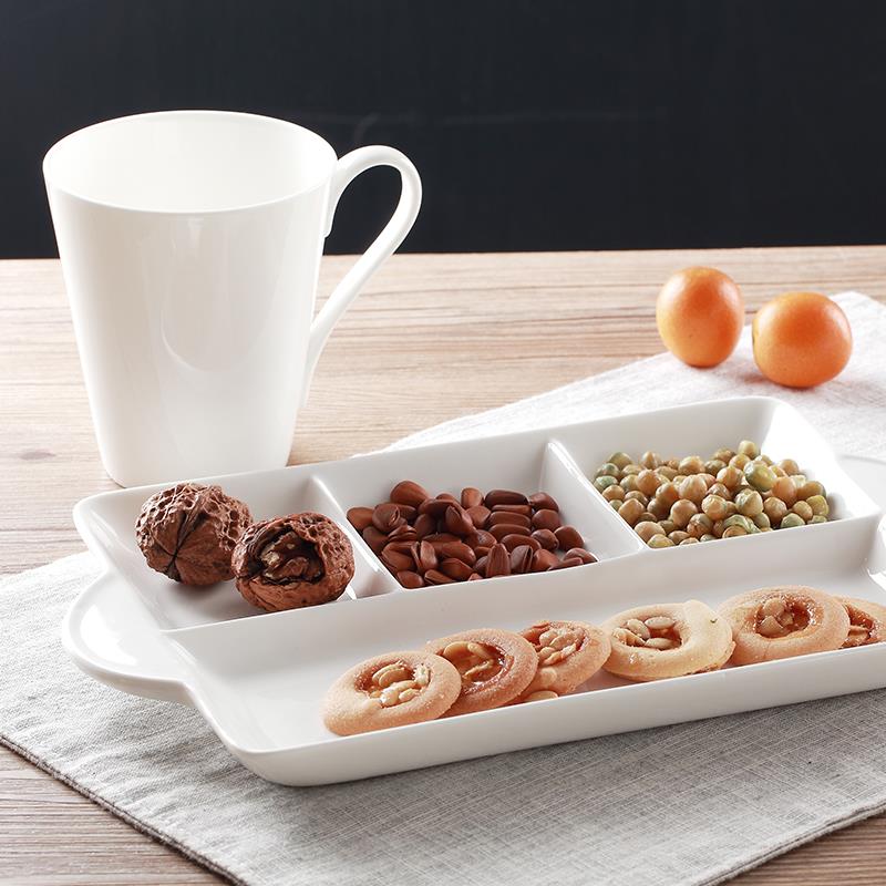 骨瓷陶瓷分格盘 带双耳长方形分餐盘点心托 托盘 早餐儿童餐具分