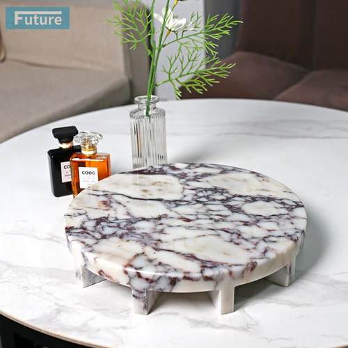 意式轻奢天然卡紫大理石圆形托盘首饰收纳盘香薰托盘桌面装饰