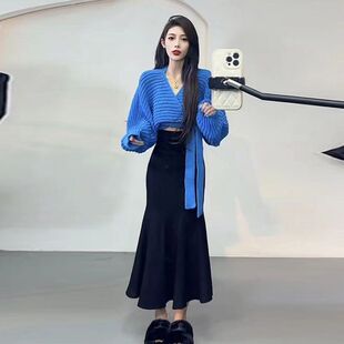 芮森纪原创设计社会女套装网红同款慵懒风交叉系带短款毛衣+高腰