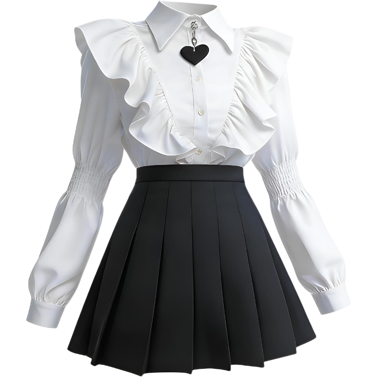 芮森纪学院风荷叶边气质上衣搭配百褶裙两件套甜酷灯笼袖白衬衫春图片