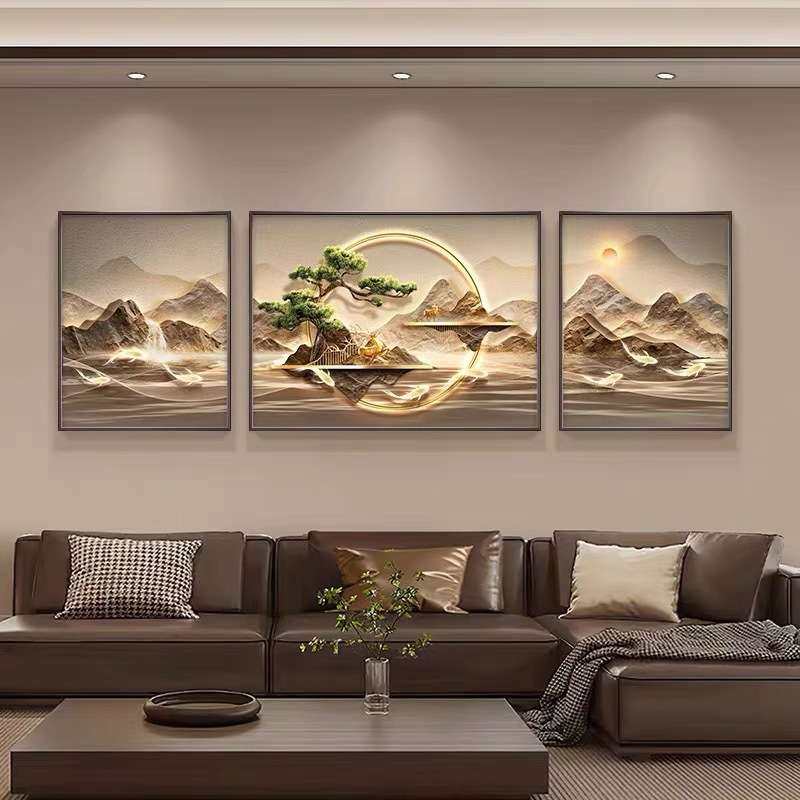 东方韵味，家居新宠——金华飞虎五金店i为您呈现新中式客厅背景墙挂画山水画三联壁画