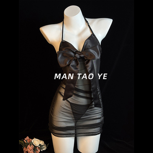 漫桃野「似水柔情」性感蝴蝶结透纱睡裙纯欲薄款 网纱诱惑吊带睡裙