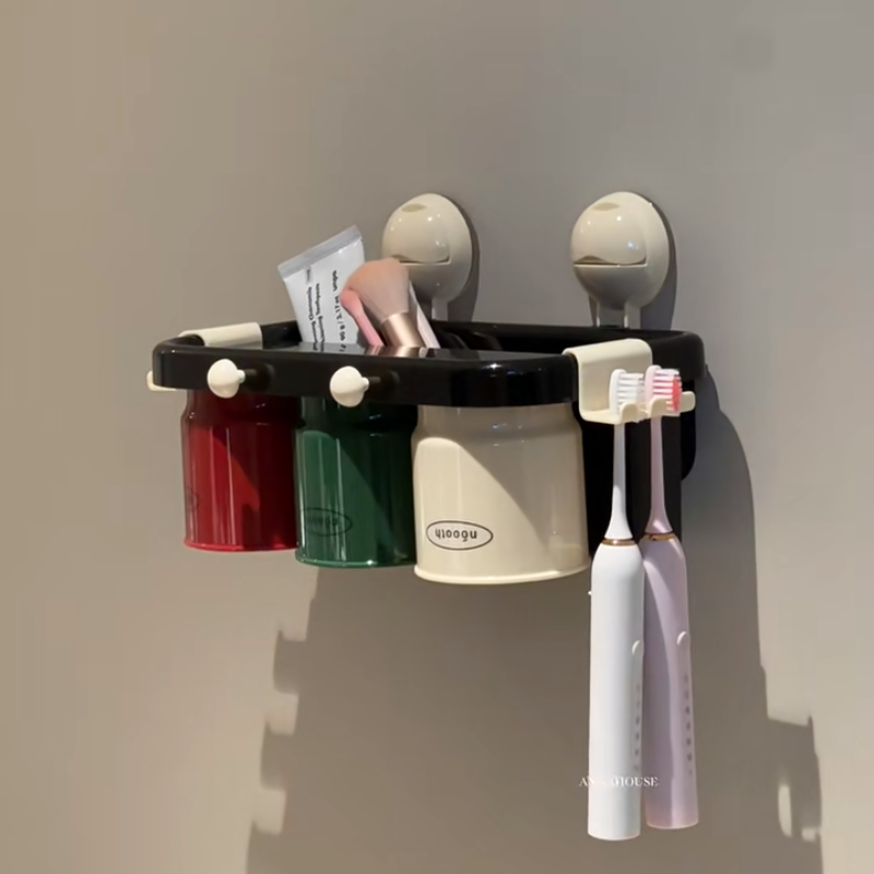 ININ吸盘牙刷置物架壁挂式免打孔漱口杯卫生间牙刷牙杯置物
