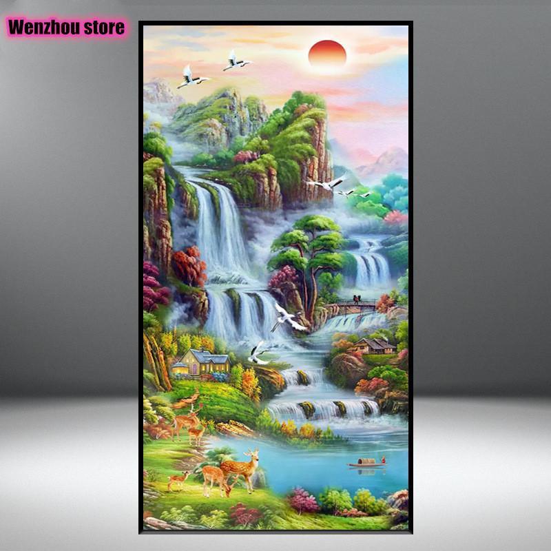 新款山水风景钻石画点钻十字绣手工砖石绣