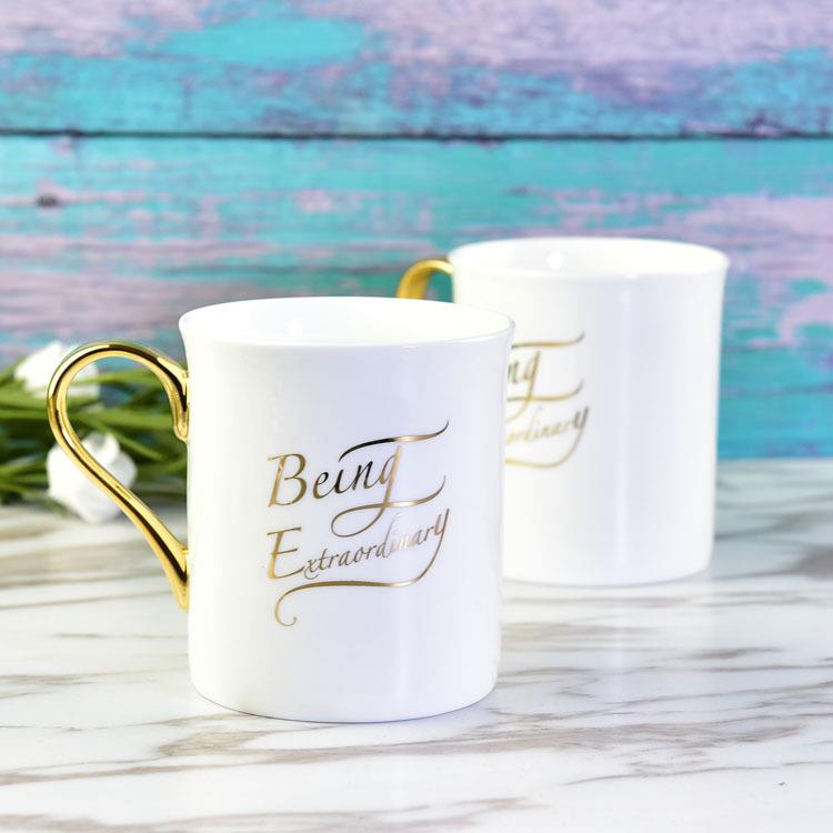 简约陶瓷金把办公室水杯创意商务礼品可加画面骨瓷马克杯