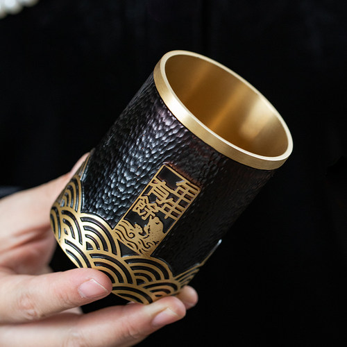 纯黄铜茶筒笔筒茶道六君子收纳罐