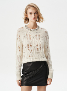 IRO NIGHT 2025冬季水钻镂空套头长袖白色针织毛衣IWF353M03100