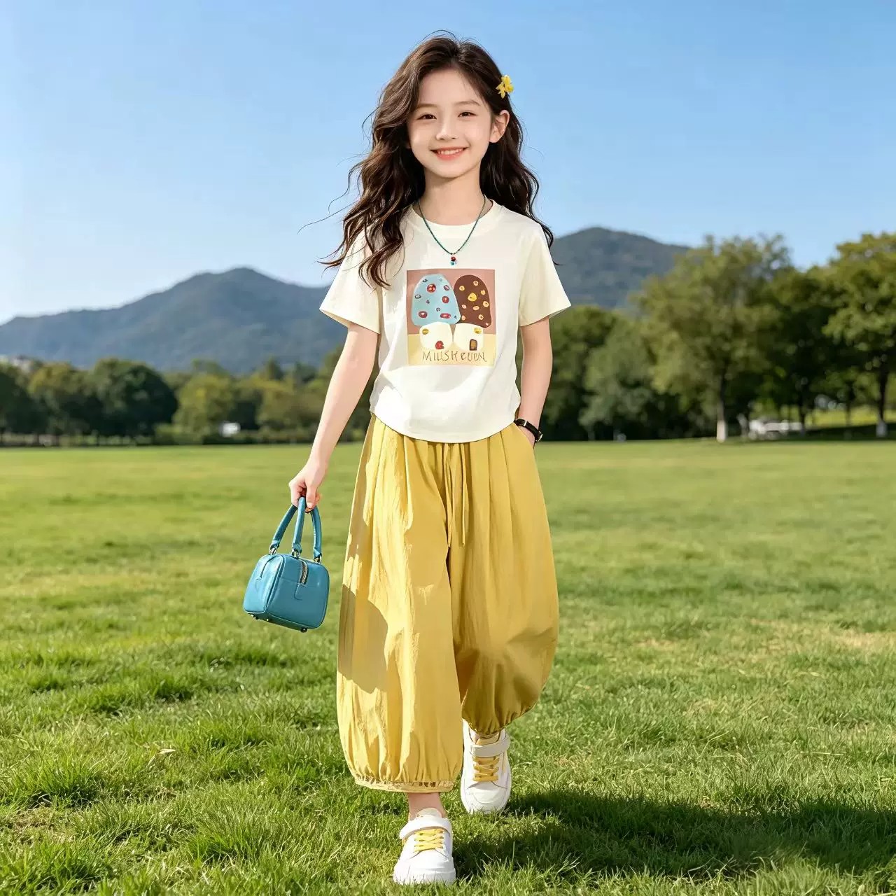 女童夏季套装新品新款儿童洋气卡通短袖阔腿裤休闲风时尚两件套潮