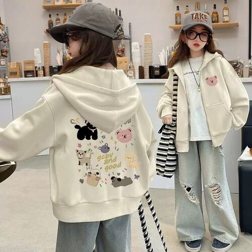 女童开衫连帽卫衣春秋季韩版洋气女大童小熊百搭冬装加绒拉链外套