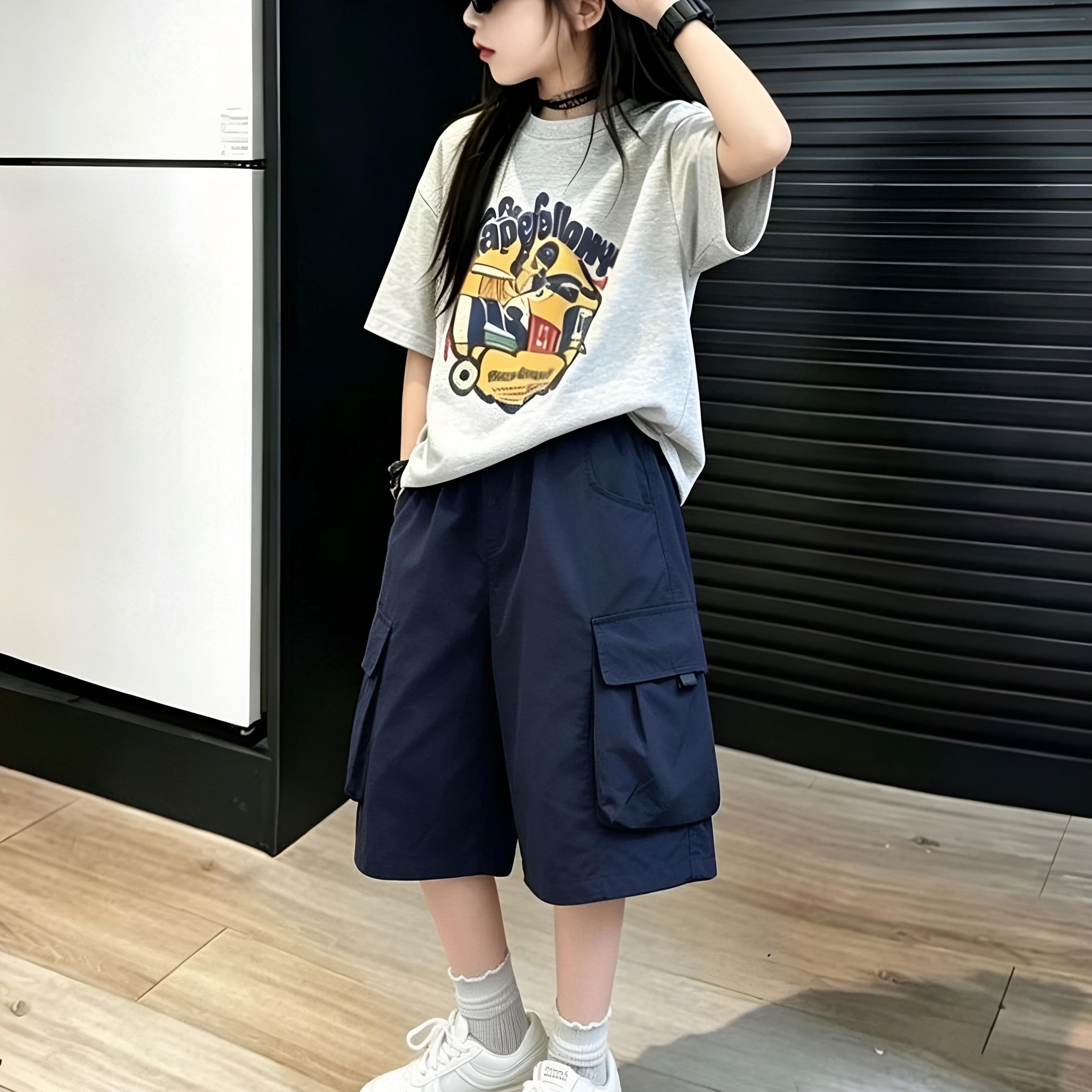 女童冰丝夏季工装七分裤套装图片