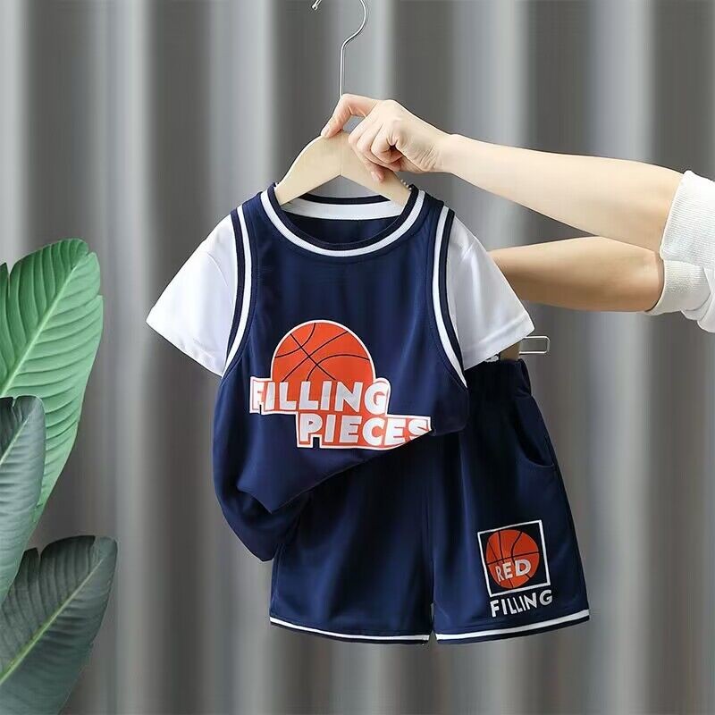 男童篮球服套装2026夏季新款男孩假两件短袖训练球衣儿童运动服潮