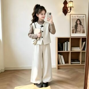 女童小香风套装春秋季2026新款洋气儿童马甲中大童阔腿裤三件套潮
