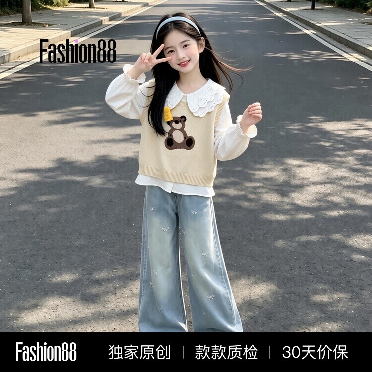 女童学院风套装春秋季2026新款韩版女孩马甲衬衫儿童牛仔裤三件套