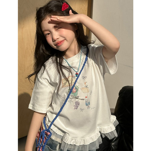 2026新款女童春夏蕾丝短袖T恤