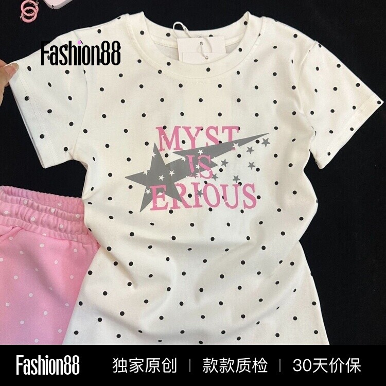 女童白色星星印花棉短袖t恤中大童夏季新款修身甜妹小众波点上衣