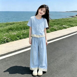 女童夏季花边短袖衬衫套装2026新款中大童休闲阔腿裤爆款两件套
