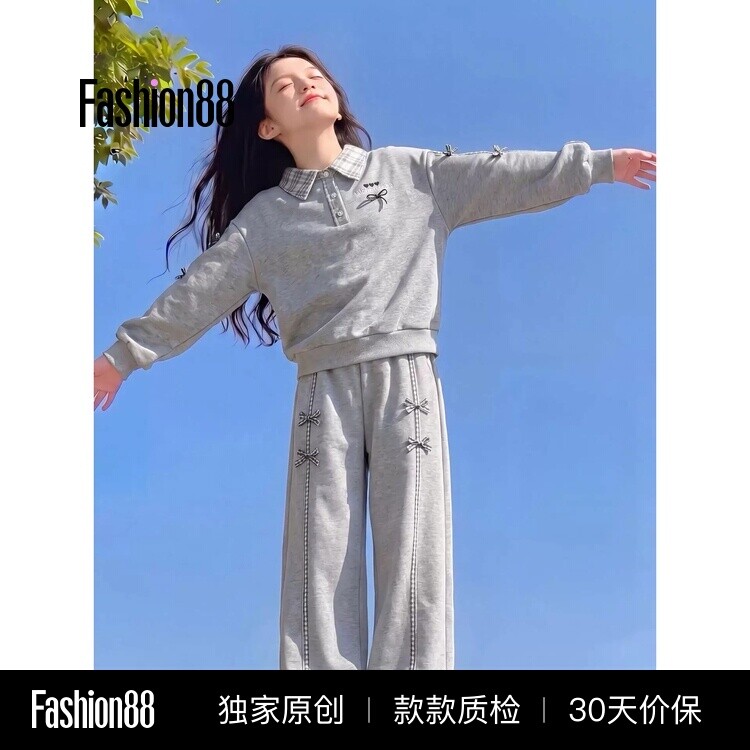 女童春秋季假两件卫衣套装2026新款中大童时尚蝴蝶结休闲裤两件套
