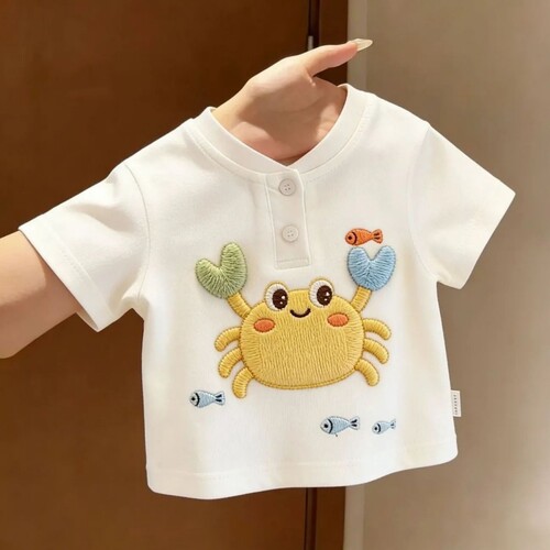 夏季男童纯棉儿童可爱女童可爱螃蟹刺绣花宝宝T恤洋气立领POLO衫