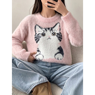 女大童猫咪毛衣针织衫仿水貂绒套头衫短款适合春秋冬季