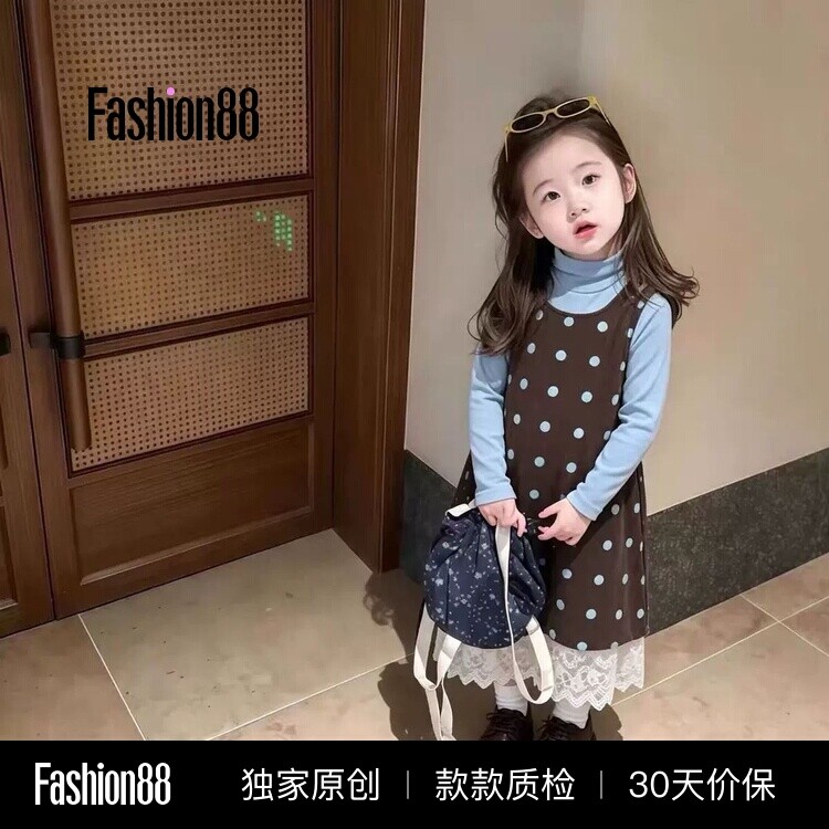 女童连衣裙2026新款韩版中大童咖色波点背心裙休闲打底衫两件套潮