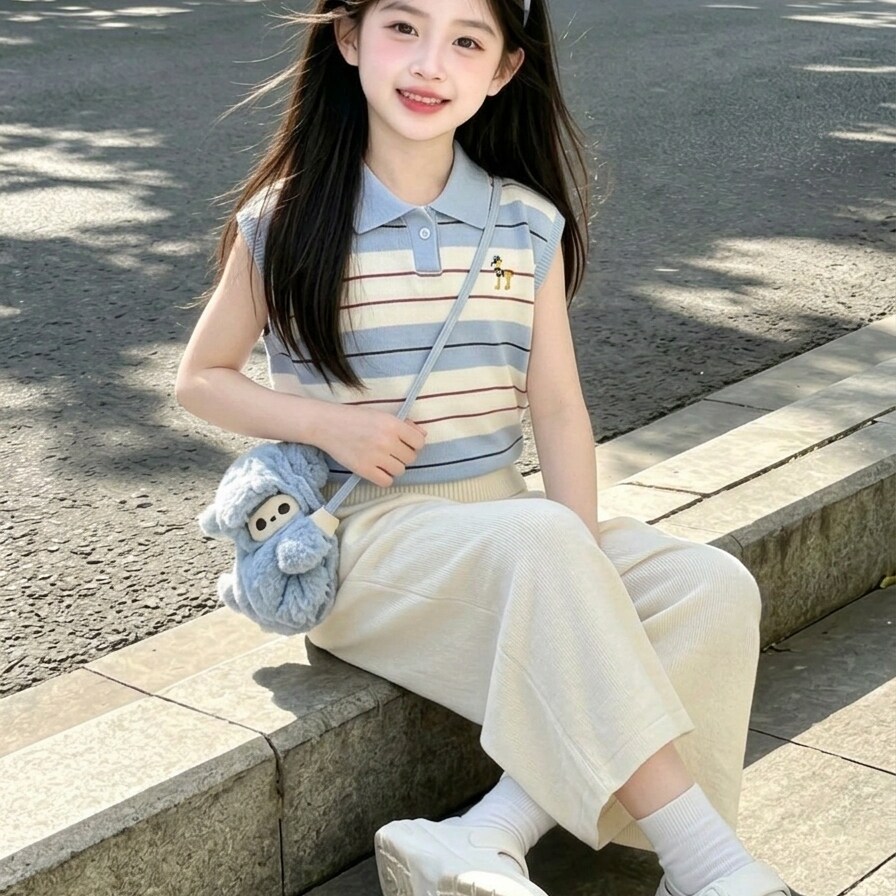 女童夏季Polo无袖阔腿裤套装图片