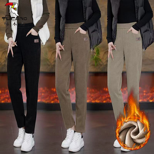 啄木鸟加绒加厚灯芯绒直筒裤女2025秋冬新款高腰修身显瘦百搭长裤