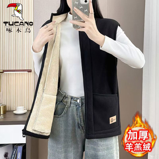 啄木鸟羊羔绒冬季马甲女款外套休闲运动宽松秋冬背心坎肩加绒保暖
