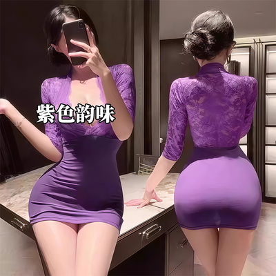 性感高开叉挂脖包臀裙蕾丝连衣裙2025新款冷艳收腰包臀开衩吊带裙