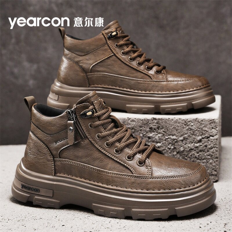 意尔康马丁靴男款2026新款夏季季工装短靴棕色皮靴厚底拉链时装靴