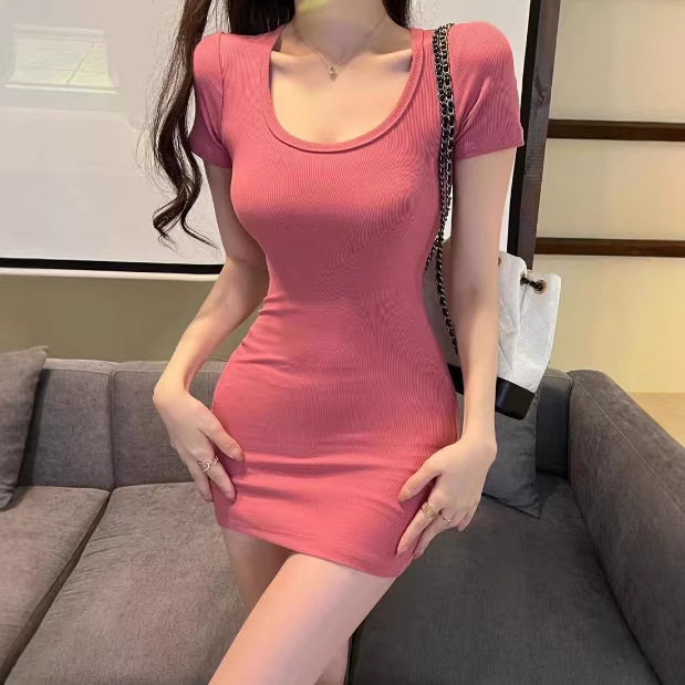 纯欲性感圆领修身高弹糖果色包臀短裙女辣妹紧身短袖连衣短裙女潮