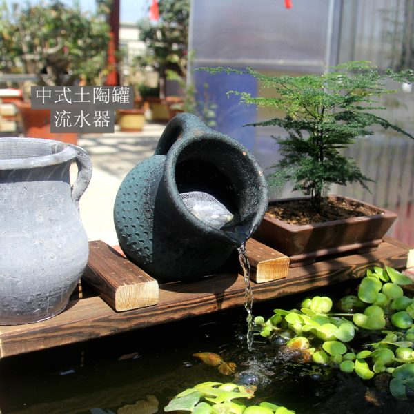 中式土陶罐流水器循环过滤增氧鱼缸池装饰摆件客厅阳台庭院造景观
