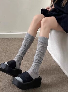 miu堆堆灰色小腿袜女春夏季薄款竖条纹走秀款纯色中筒袜百搭高筒