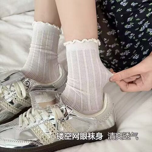 夏天薄款袜子女纯色镂空网眼中筒袜白色防臭透气少女花边堆堆袜