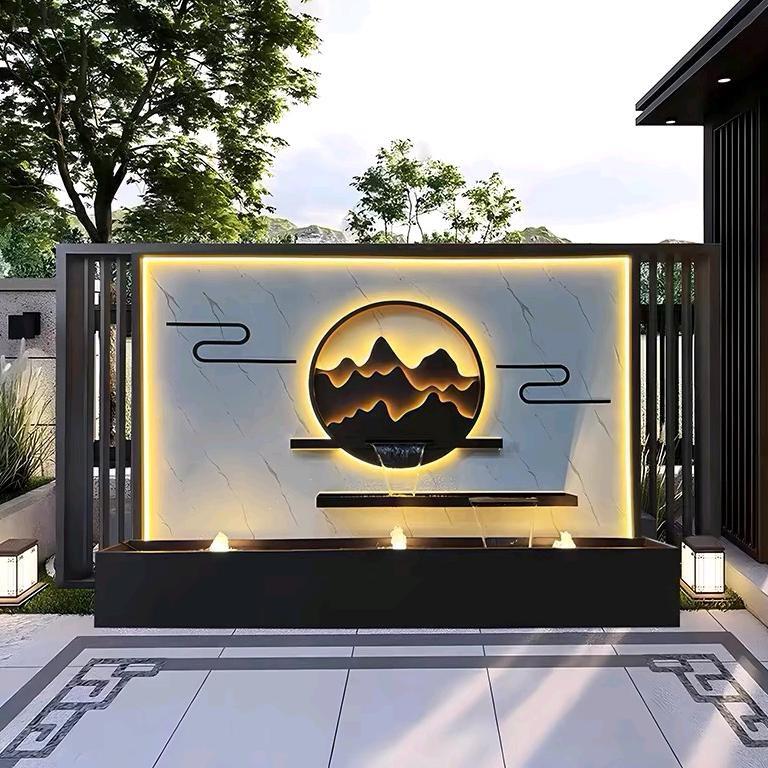 定制中式不锈钢流水背景墙影壁墙户外庭院别墅金属园林水幕墙屏风