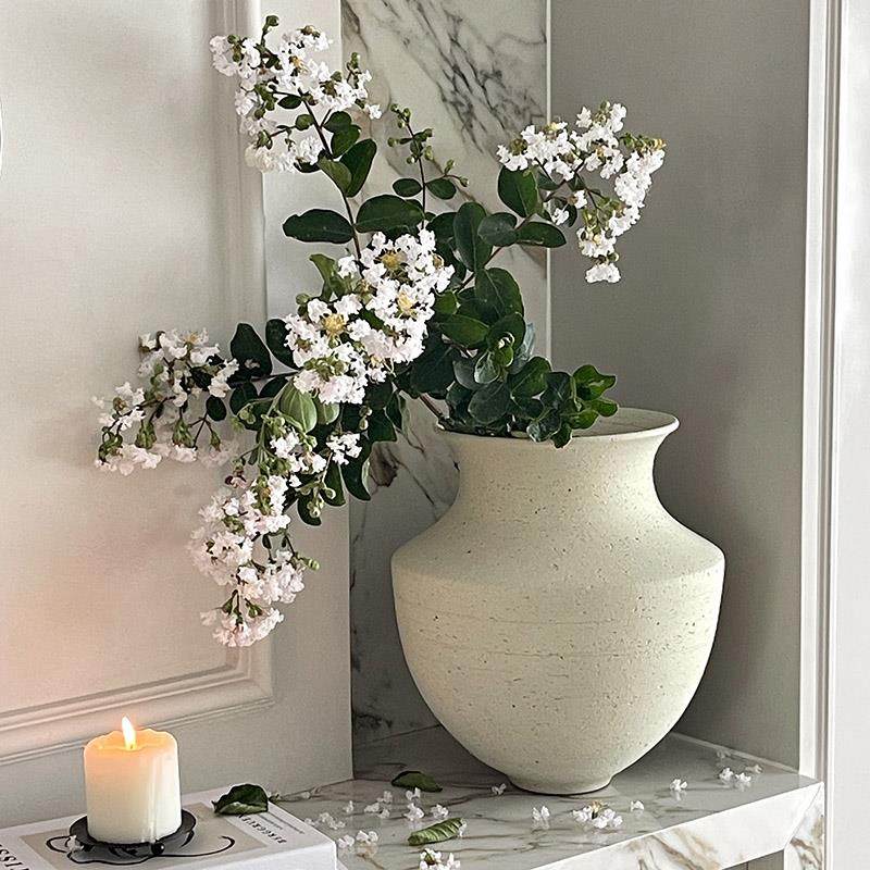 粗陶花器复古陶罐大口径陶土陶瓷花瓶摆件白色绿植插花日式花盆