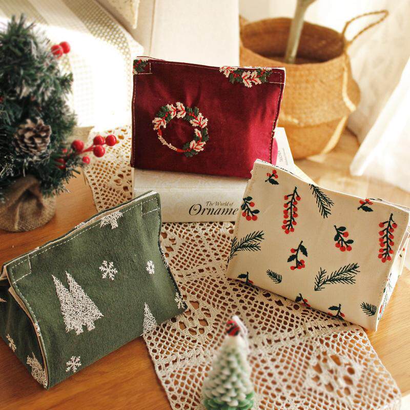 轻奢刺绣抽纸袋花环纸巾袋棉麻圣诞风鹿松树纸巾套家用车载纸巾盒
