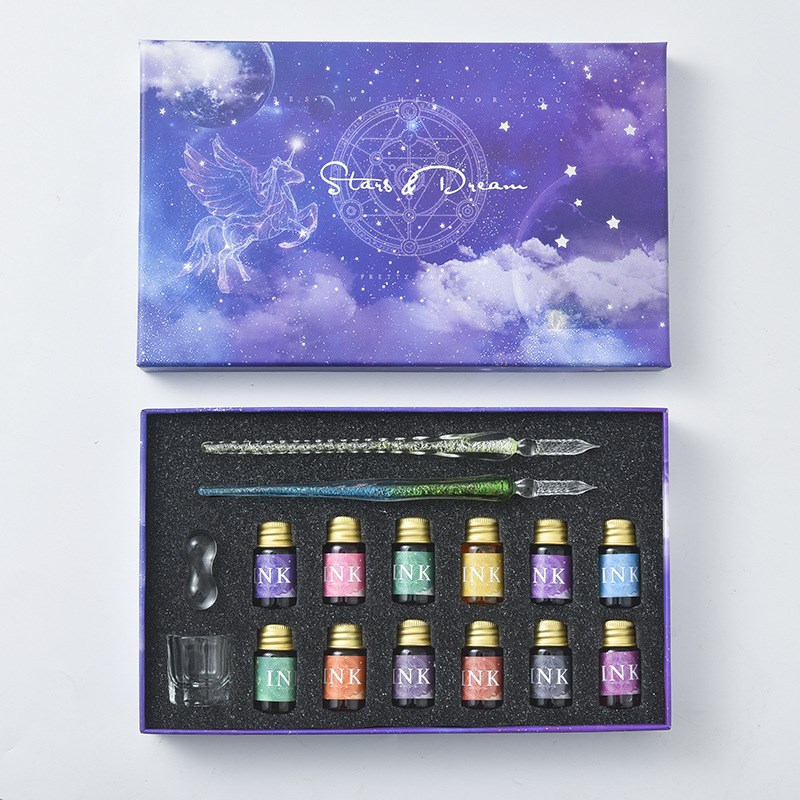 玻璃笔蘸水套f装水晶钢笔礼盒装学生手工创意文具墨水笔玻璃蘸水