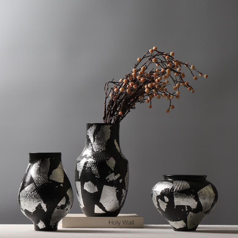 现代简约创意陶瓷花瓶摆件锡箔拼色花器酒店售楼部博古架展示摆件