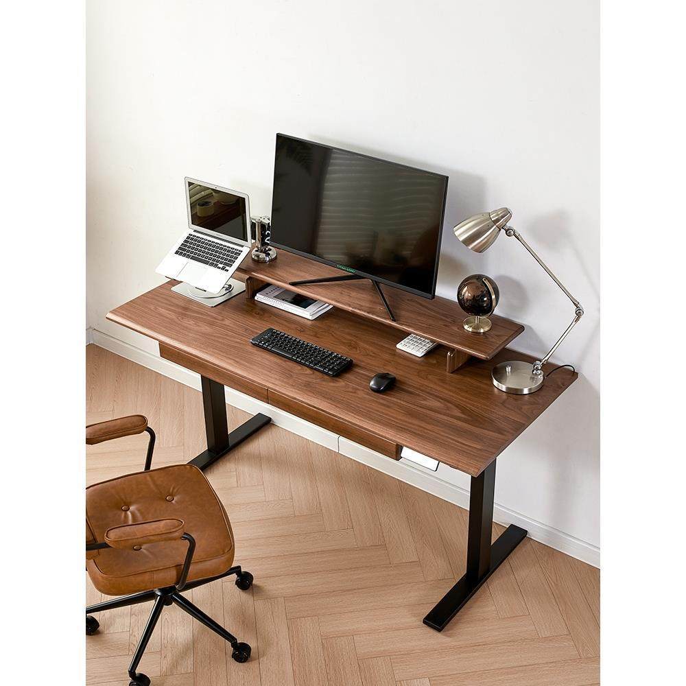 北美黑胡桃木电动升降桌智能实木办公书桌站立式电竞工作台电脑桌